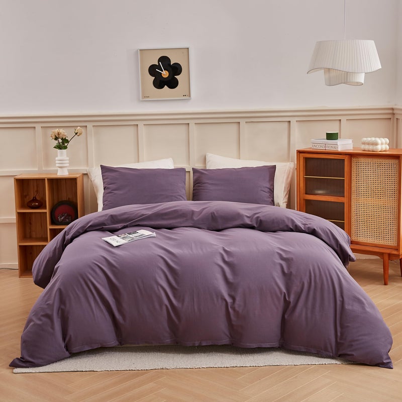 ECOCOTT Lilac Purple Duvet Cover Queen, 100% Washed Cotton 3 Piece Duvet Cover Sets 1 Duvet Cover with Zipper and 2 Pillowcases Bedding Set(Lilac Purple,Queen) - Image 1